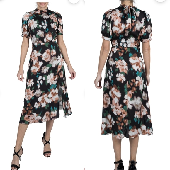Silky Mock Neck Short Sleeve Julia Jordan Dress Consevative Midi Dress Floral - Picture 1 of 6